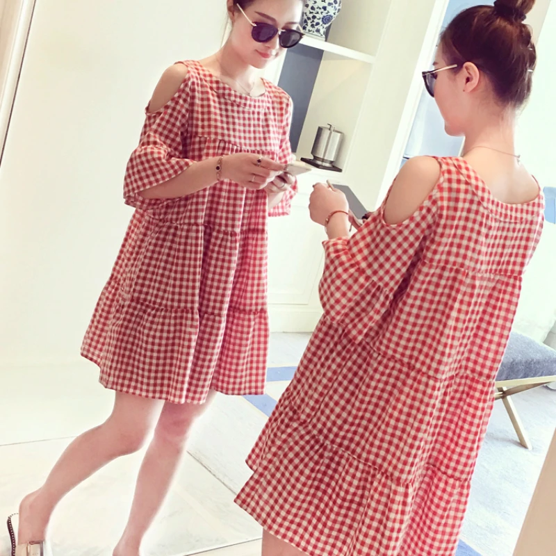 Summer Loose Pregnancy Shirts Shoulderless O-neck Maternity Plaid Blouses Plus Size Cotton Linen Pregnant Women's Clothes