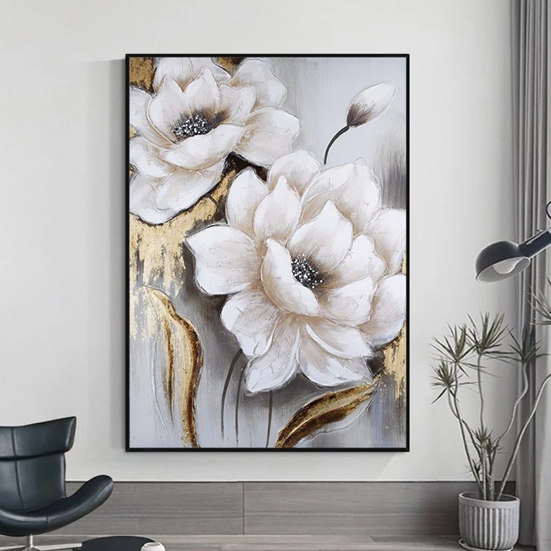 

OQ 100% Hand Painted Oil Painting On Canvas Modern Abstract White Flower Picture Wall Art Living Room Home Decoration Unframe