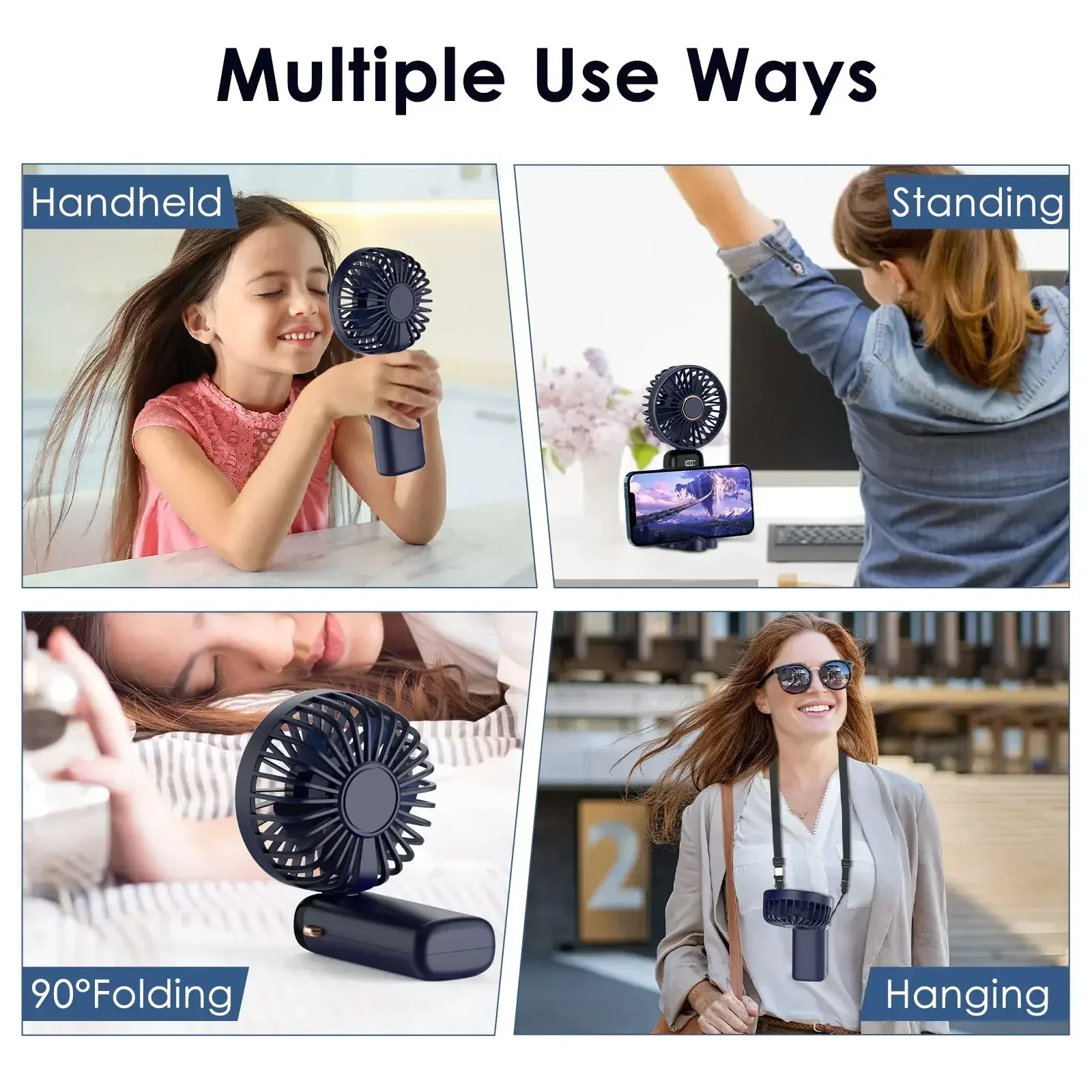 Hand Fan Portable Fan Cell Phone Fan 5000mAh Handheld Mini Fan Wireless USB Rechargeable Portable Digital Display Phone Holder Fan 5 Speed Foldable Neck Hanging Fans