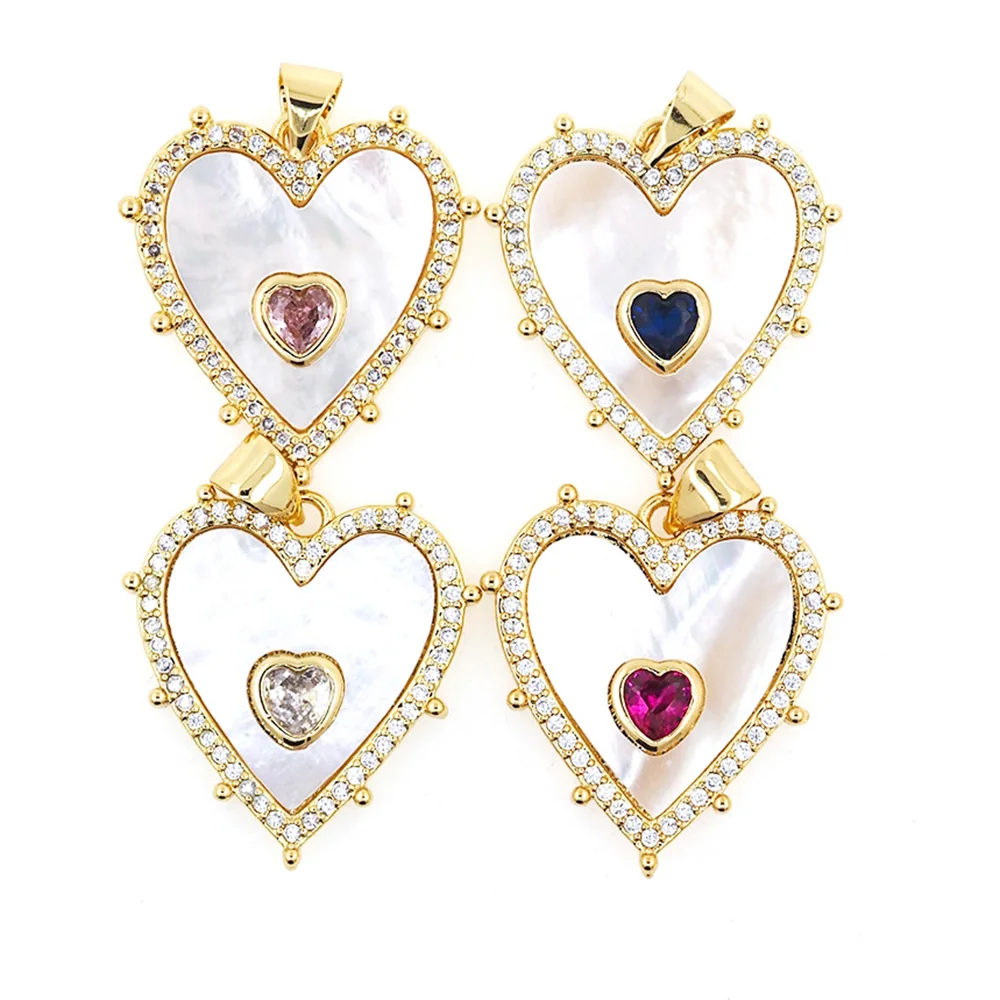 

Fashion Shell Double Heart Charm Pendant Gold Plated Colorful Zircon Luxury Jewelry DIY Making Weddings Accessories Findings