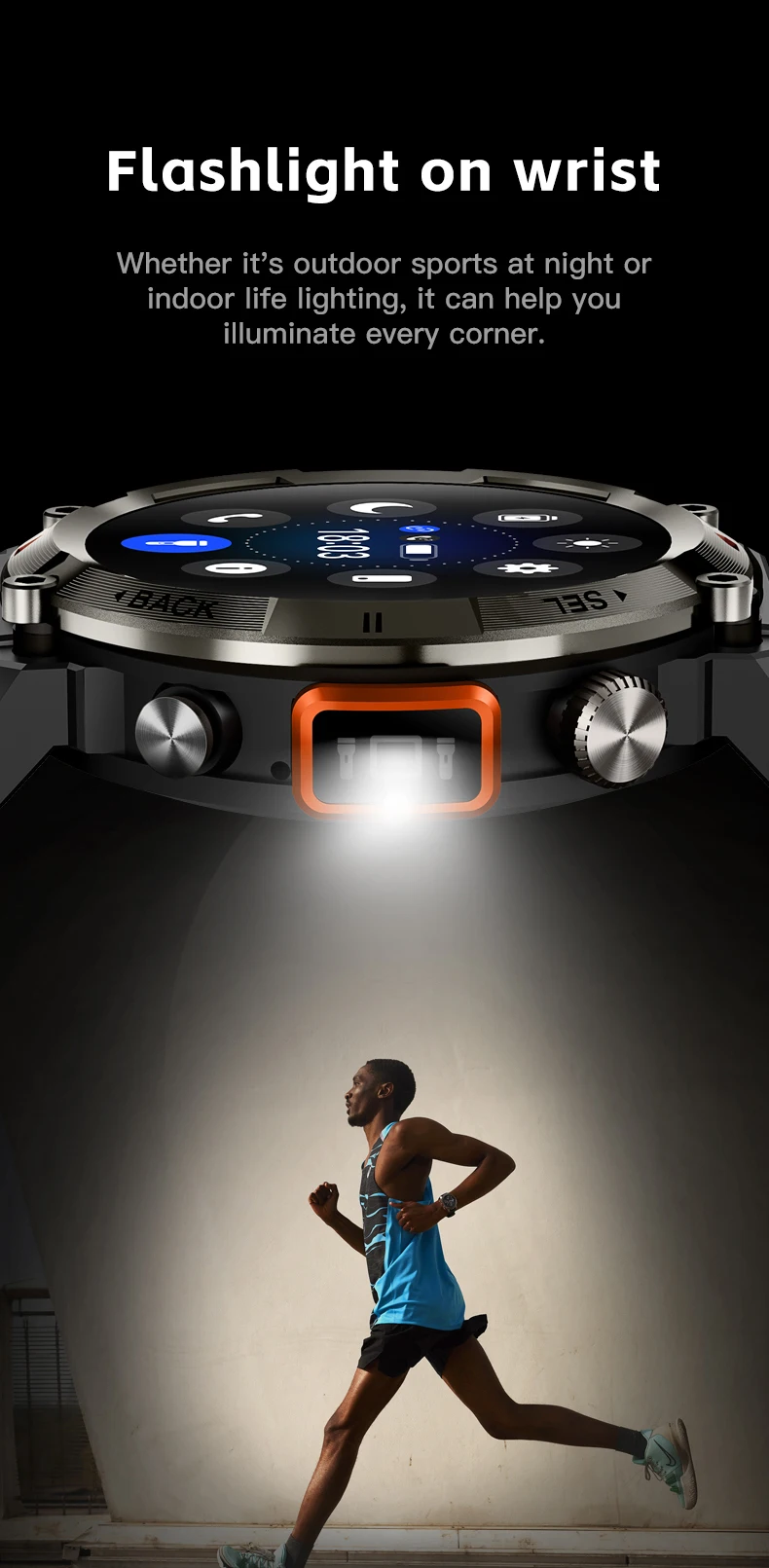 Montre connectée de sport pour hommes avec lampe de poche, moniteur de tension artérielle | Étanchéité IP67 pour Android IOS