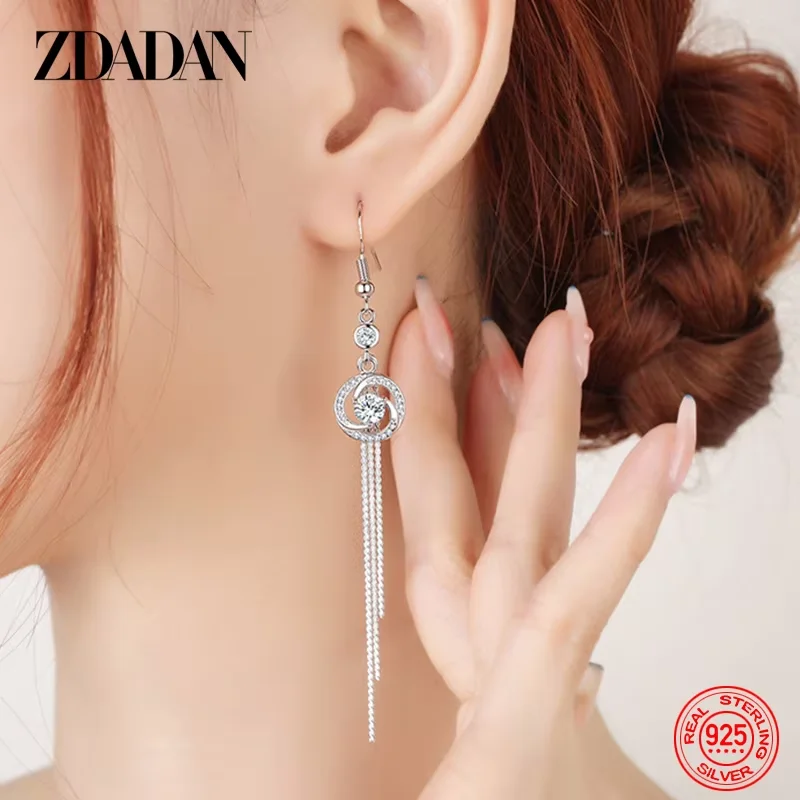 ZDADAN Ohrhänger aus 925er-Sterlingsilber, rund, Zirkon, lange Quaste, baumelnd, für Damen, Charm-Schmuck – Detail 2