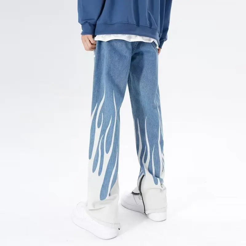 2026 Cyber Y2K Flammen-Grafik Blaue Baggy Jeans Herrenhose Gerade Koreanische Lässige Reißverschluss-Denim-Hose Pantalon Homme – Detail 13