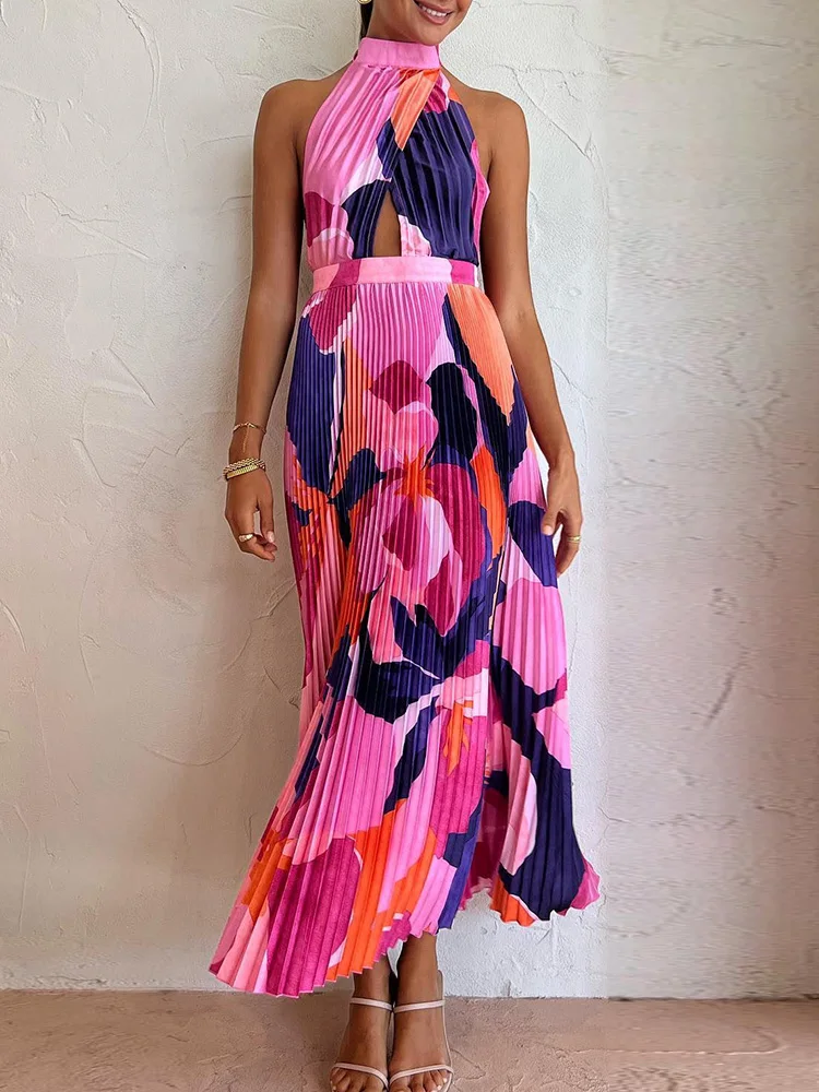 

Платье женское Плиссированное с высокой талией, шикарный пикантный облегающий длинный сарафан без рукавов, с лямкой на шее и открытой спиной, с открытыми плечами