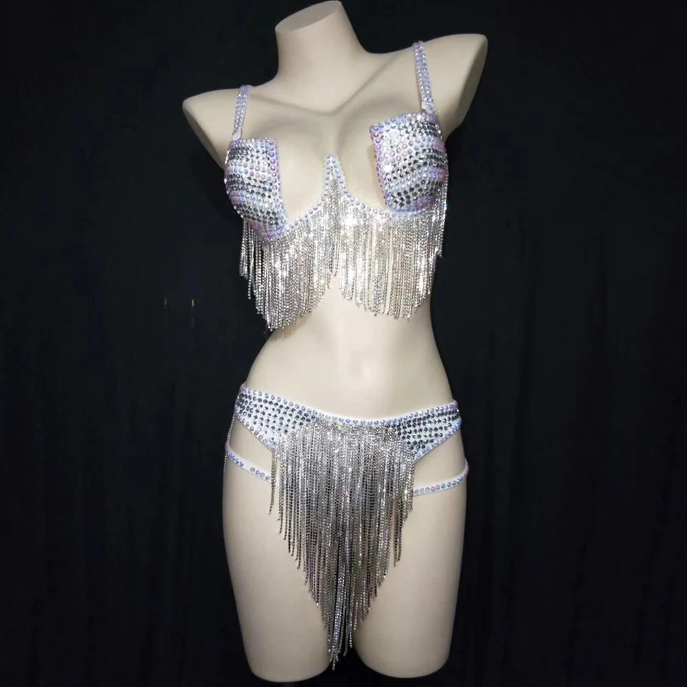 

Shining Rhinestones Tassel Sexy Spaghetti Strap Bikini Set For Women Bar DJ Clothing Stage Costume Nightclub Prom Wears