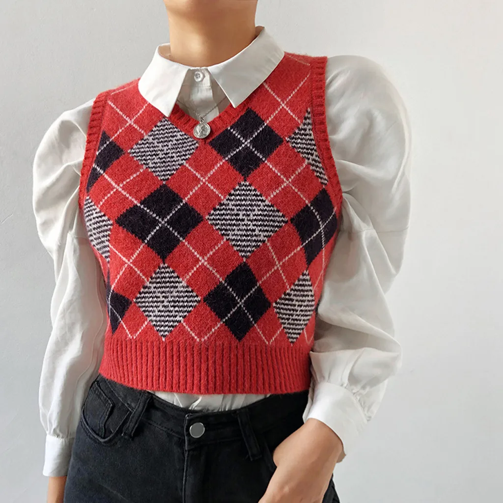

Plaid Print Sweater Vest Sweaters Tank Pullovers V-Neck Women's Sweaters Harajuku Streetwear Pull Femme Office Lady Dailywear