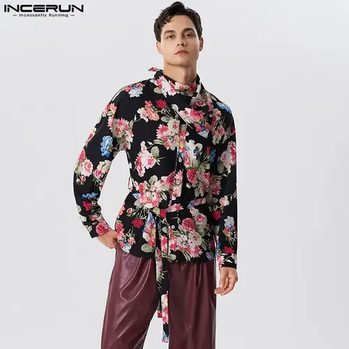 INCERUN 남성 패션 프린트 패턴 벨트 디자인 셔츠, 캐주얼 루즈핏 편안한 긴팔 블라우스, 2023 미국 스타일 2