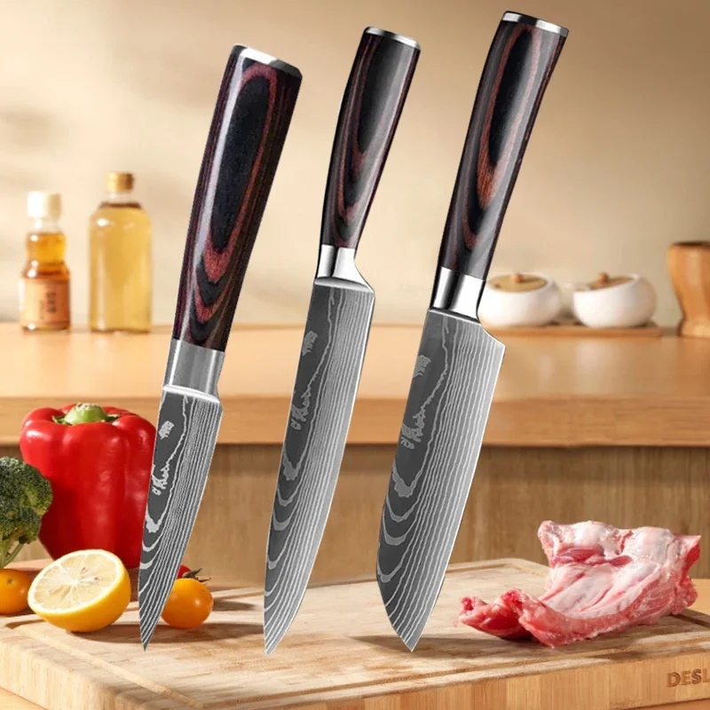 Kitchen Knives Laser Damascus Pattern Utility Professional Chef Santoku Meat Cleaver Accessories