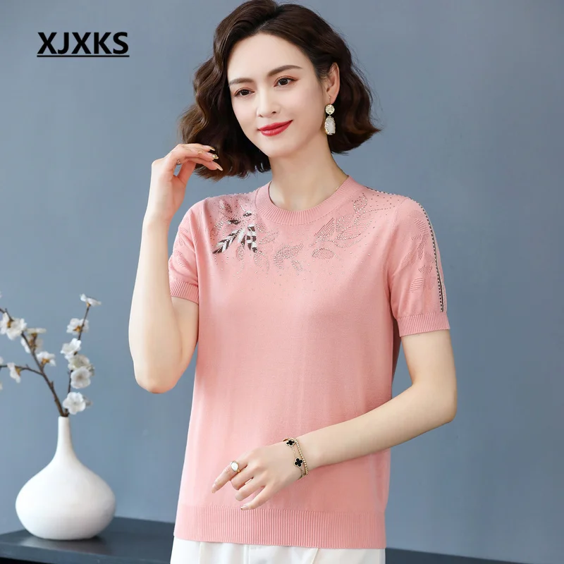 

XJXKS 2023 Summer New Round Neck Short-sleeved T-shirt Women's Shirts Loose Oversize Delicate Diamond Knitted Tops