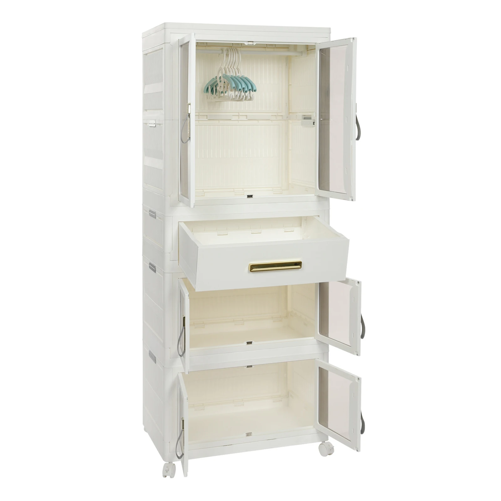 Kids Clothes Cabinet Free Standing Storage Organizer with Doors White Rolling Cabinet Clothes Organizer with 4 Pulleys