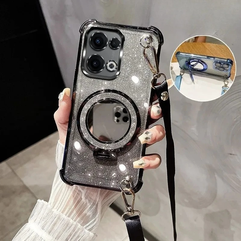 Elegant Crossbody Lanyard Shockproof Plating Case with Mirror and Makeup Holder Cover