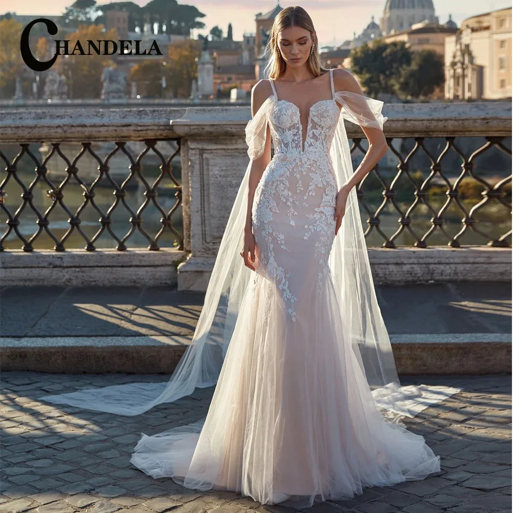 

CHANDELA Delicate Mermaid Wedding Dresses Off The Shoulder Appliques Tulle Backless Sweep Train Robe De Mariee Customised