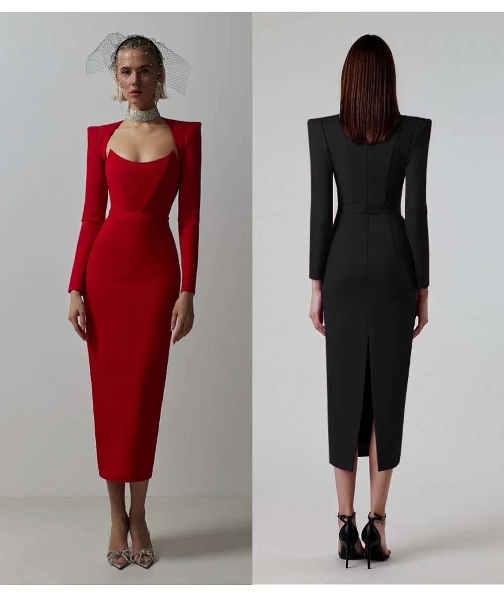 

2023 High Quality Square Neck Shoulder Padded Long Sleeve Dress French Sexy Slim Bandage Long Skirt Banquet Birthday Party Dress
