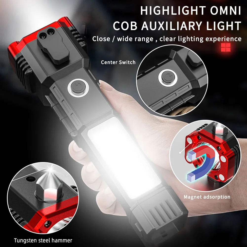 

Flashlight Usb Rechargeable Torch Light With Hammer Knife Power Bank Cob Led Work Light For Outdoor Camping Emergency