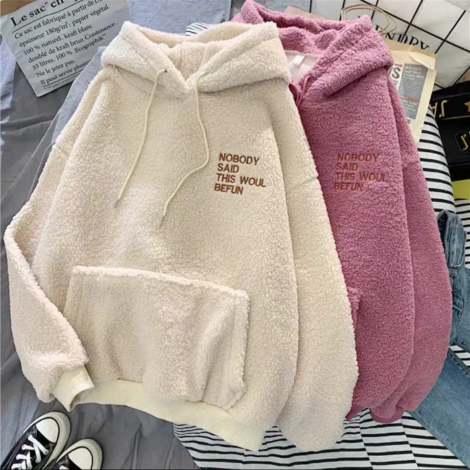 Women Autumn Winter Warm Fluffy Hoodie New Casual Hooded Pullovers Letters Lamb Wool Fleece Sweatshirt Loose Top Ropa De Mujer 4