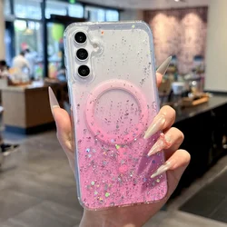 Glitter Star Transparent Magnetic Case with Magsafe Wireless Charging Compatible Soft Cover for Galaxy A26 (Pink)