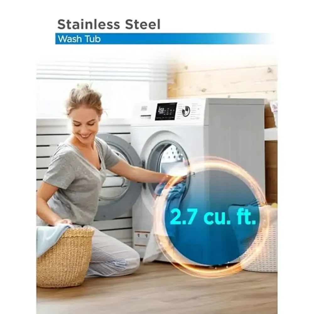 Compact Front Load Washer 2.7 Cu. Ft. LED Display 16 Cycles Stainless Steel Tub Auto Unbalance Detection 1300 RPM Max Spin Speed