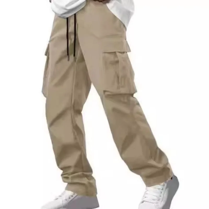 2024 Men's Summer New Workwear Pants Solid Color Drawstring Multi Pocket Straight Leg Pants Youth Casual Straight Leg Pants