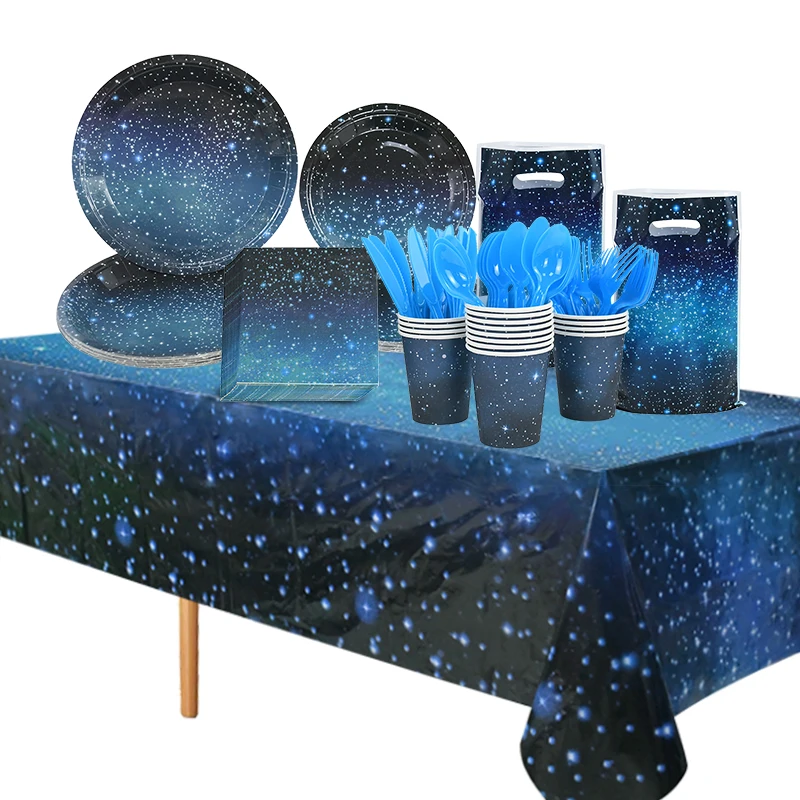 Einweggeschirr mit Sternenhimmel-Thema, Star Galaxy-Tischdecke, Pappteller, Tassen, Geschenktüten für Space Planet, Geburtstagsparty-Zubehör – Detail 10