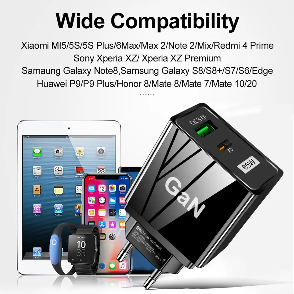 USLION 65W GaN Charger EU KR AU Plug Adapter Laptop Fast Charging For iPhone USB Type C Quick Charger Mobile Phone USB Charger