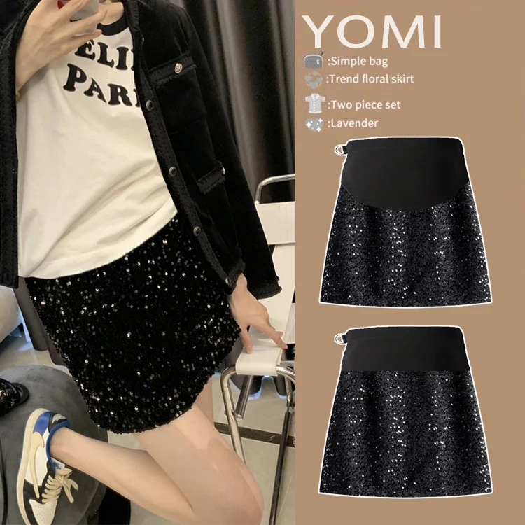 Pregnant Women's Short Skirt Spring and Autumn New Black Slimming Blingbling Bead Mini Skirt Fashion Maternity Sequin Slim