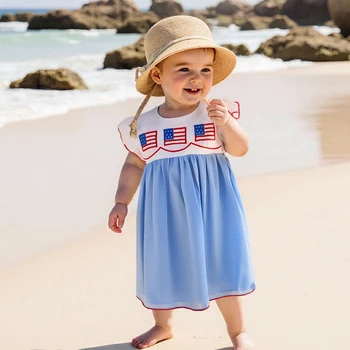 Girls Patriotic Dress American Flag Embroidered Round Neck Flutter Sleeve Casual Dress Children s Summer Outfit for 2
