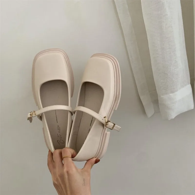 여성용 캐주얼 두꺼운 밑창 힐 앵클 버클 슈즈, 우아한 숙녀, 얕은 싱글 플랫폼 슈즈, 새로운 디자인
