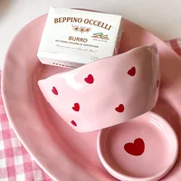 Salad Bowl Pink Heart Pattern Ceramic Plate Coffee Cup Children Dessert Bowl Household Cute Dinner Plates Restaurant Tableware 2