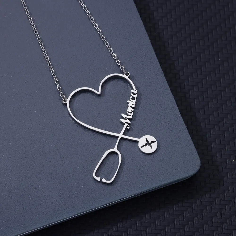 Custom Name Heart Stethoscope Necklace for Women Stainless Steel Customized Stainless Steel Jewelry Gift for Nurse Doctor 1pcs 360° retractable nurse badge reel clip kawaii needle organ heart pattern badge holder students doctor id card holder