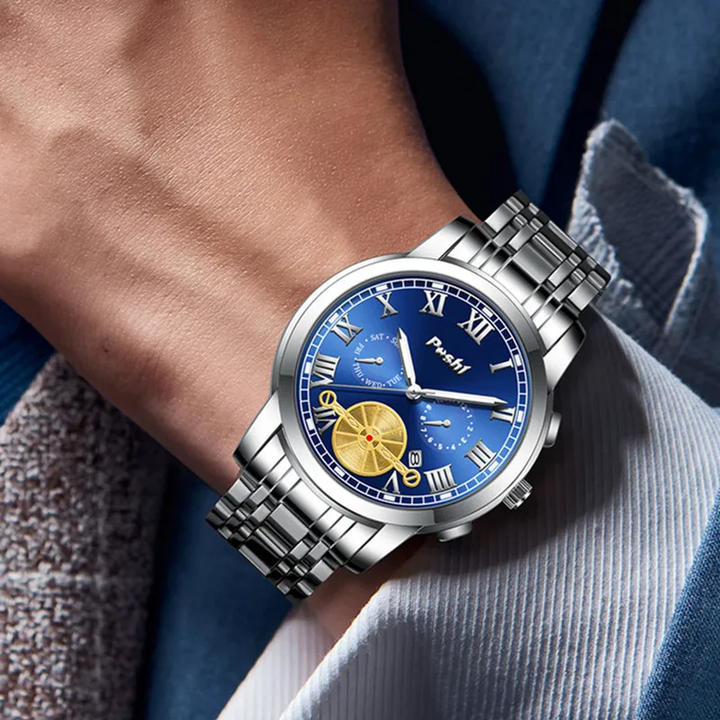 POSHI Men's Watch for Man Quartz Watches Male Wristwatch Luxury Waterproof Men Alloy Strap Date Business Clock