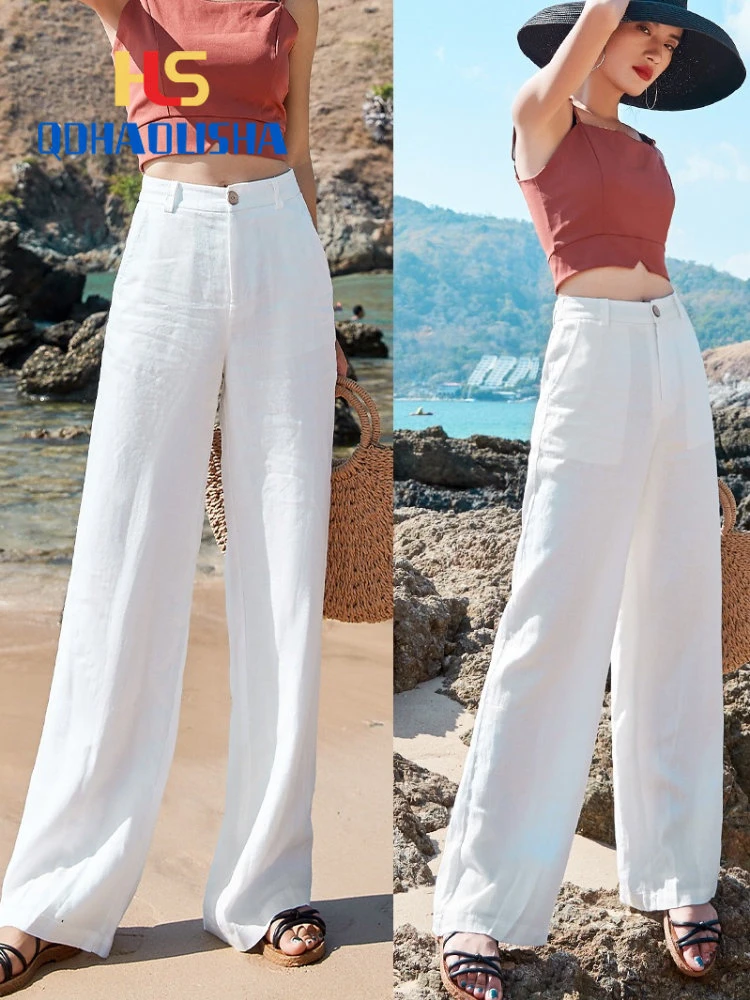 Women's Pants Summer Casual Wide Leg Loose Thin Cotton Linen Clothes Women Drape High Waist Straight Long Trousers Cargo Pants