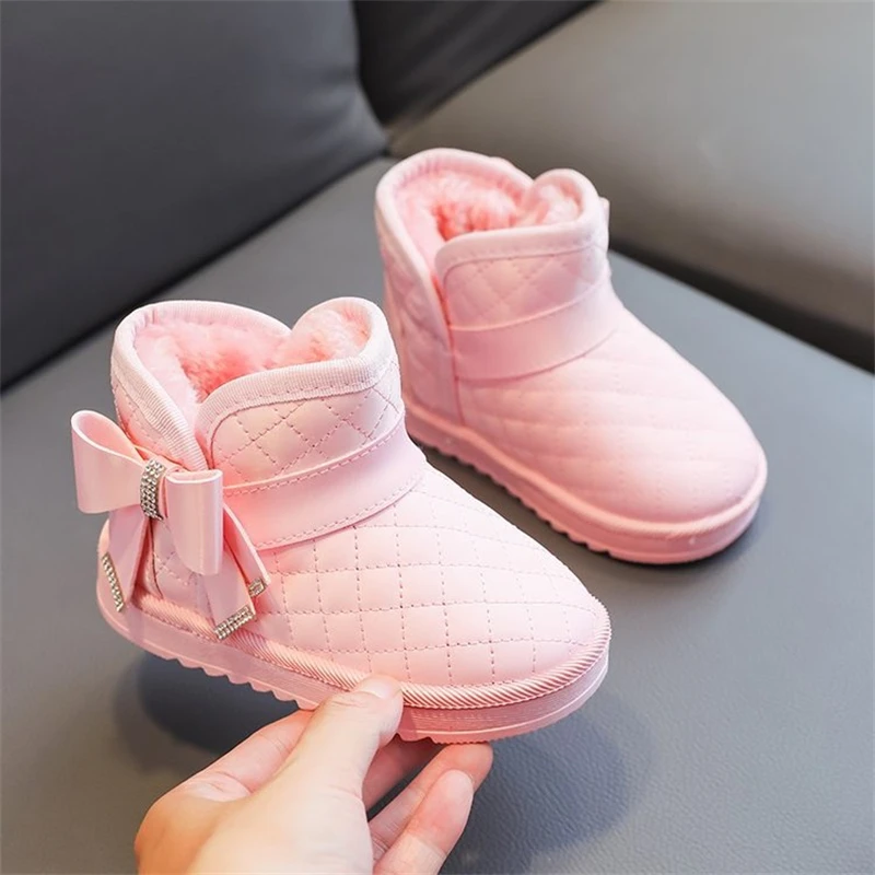 

Winter Big Children Girls Crystal Bowknot Snow Boots Thickened Warm Comfortable Pink Boots Baby Kids NON-SLIP Plush Cotton Shoes