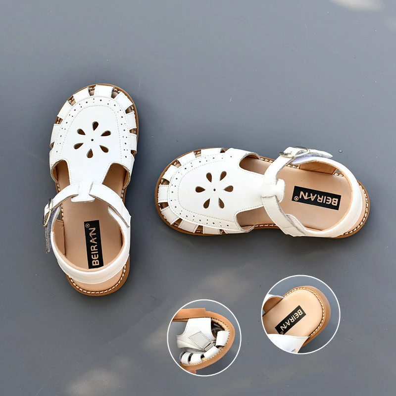 Genuine Leather Girls Fashion Sandals Close Toes Quick Dry Baby Boys Casual Sandals Summer Hollow Petals Kids Beach Shoes 4
