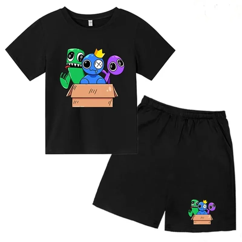 thumbnail image 1 of Conjunto de camiseta y pantalones cortos de cuello redondo de manga corta para niños y niñas de 3 a 12 años, ropa de verano con estampado de amigos arcoíris de algodón, 1 of 4