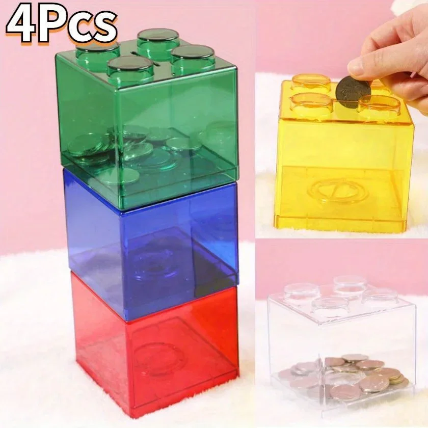 Plastic Savings Jars 4 Clear Plastic Building Blocks Money Boxes Coin Savings Boxes Savings Jars for Children's Toys Gifts