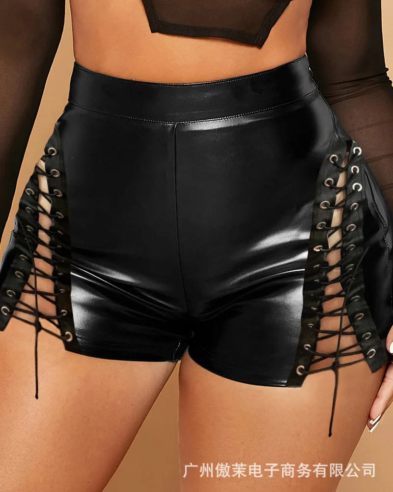 

Side Eyelet Lace-up PU Leather Shorts Women New Spring Summer Solid Color Sexy Black Shorts Pants Club Party