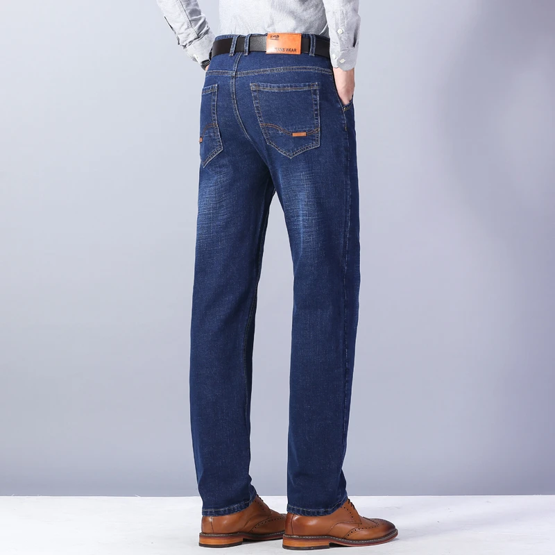 Classic Casual Winter Men's Straight Jeans Fleece Thick Warm Fit Cotton Stretch Mid High Waist Trousers