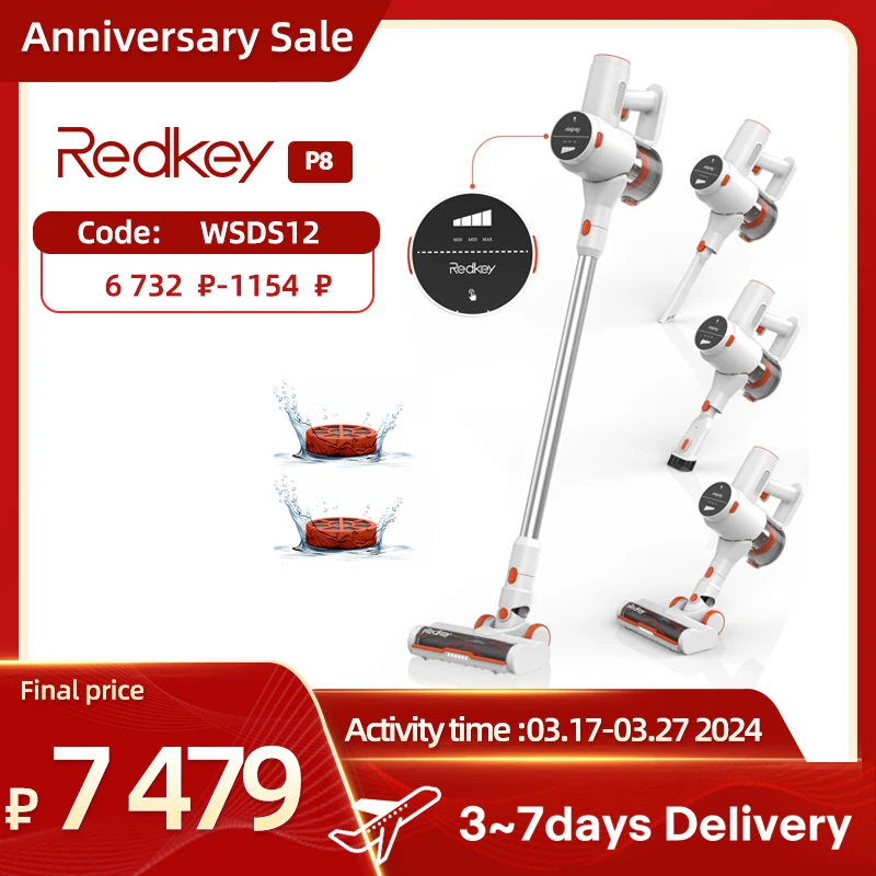 Redkey P8 무선 진공 청소기, 강력한 흡입, LED 헤드라이트 및 디스플레이, 30 분 긴 작동 시간, 분리형 배터리, 250W, 25Kpa 