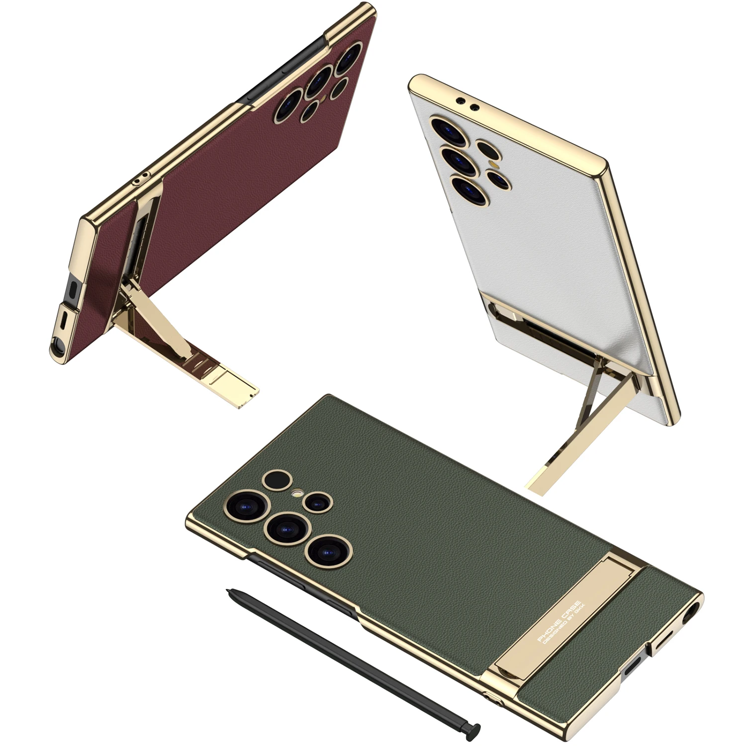 Luxury Stand Plain Leather Case with Electroplated Quality and Camera Protection