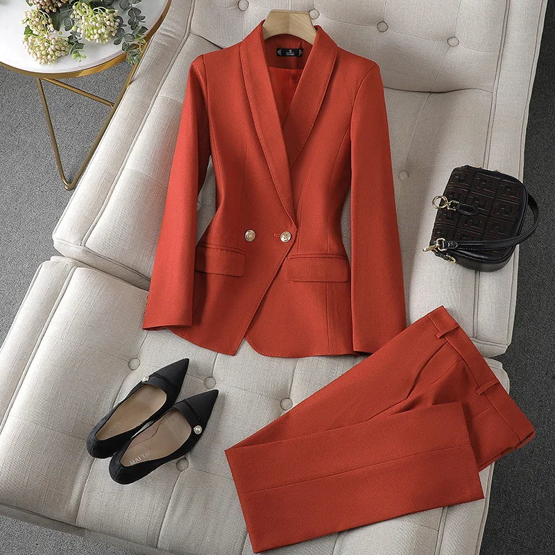 

Elegant Women Formal Pant Sets Orange Green Burgundy Black Office Lady Blazer Business Work Wear Jacket +Trouser 2 Piece Sets