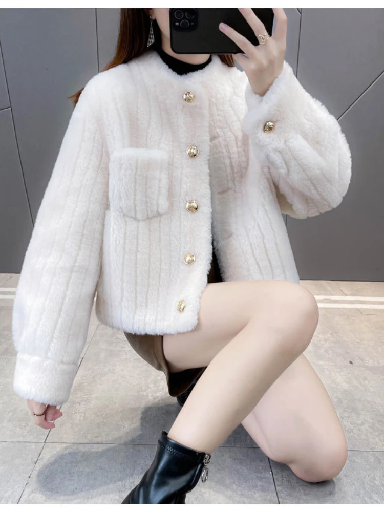 

2023 New Winter Jacket Women Stand Collar Real Fur Coat Natural Weave Wool Fur Solid Color Warm Loose Outerwear Streetwear