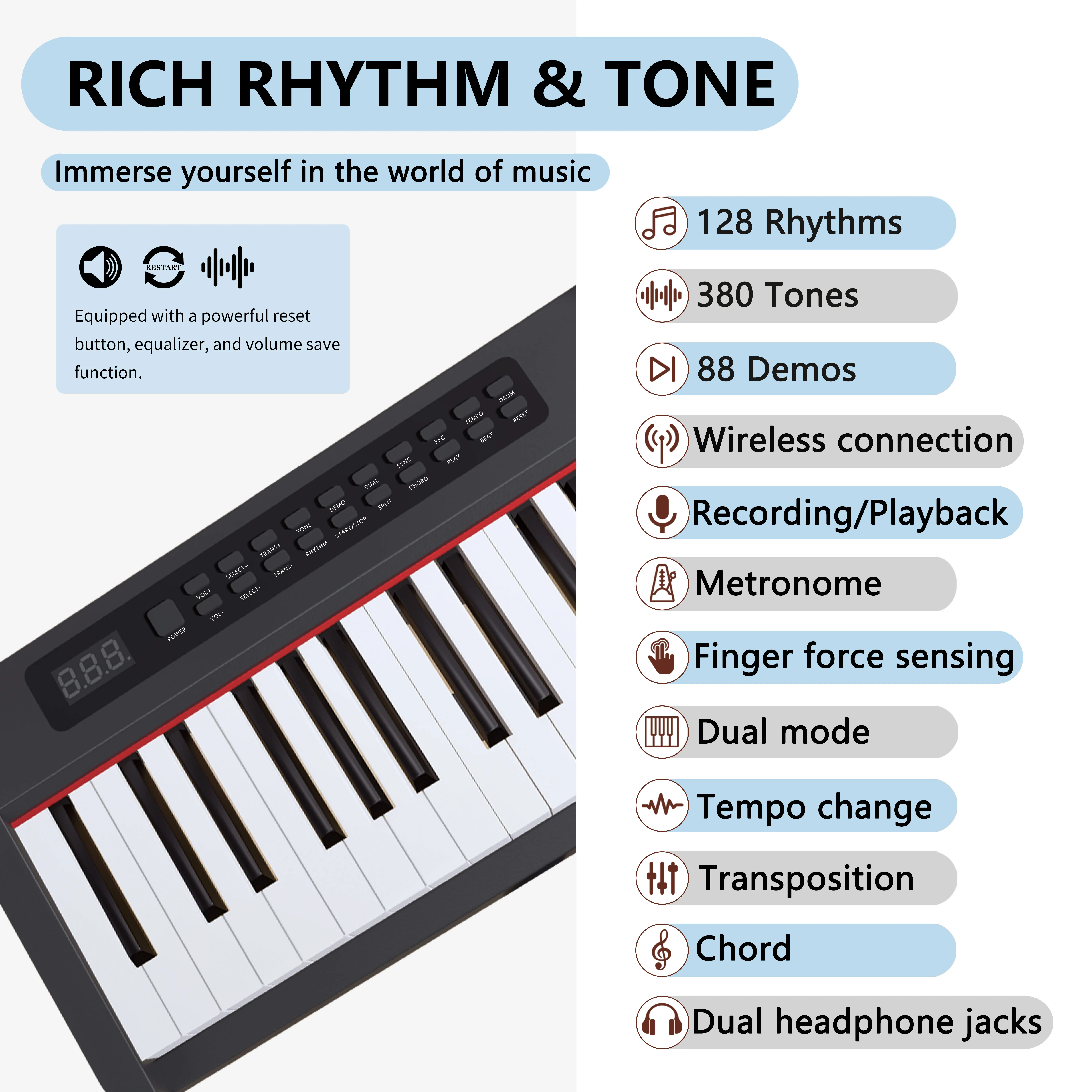 88 Keys Digital Piano PVC Veneer Wood Grain HIFI Full Range 3D Stereo Speakers with Single Pedal
