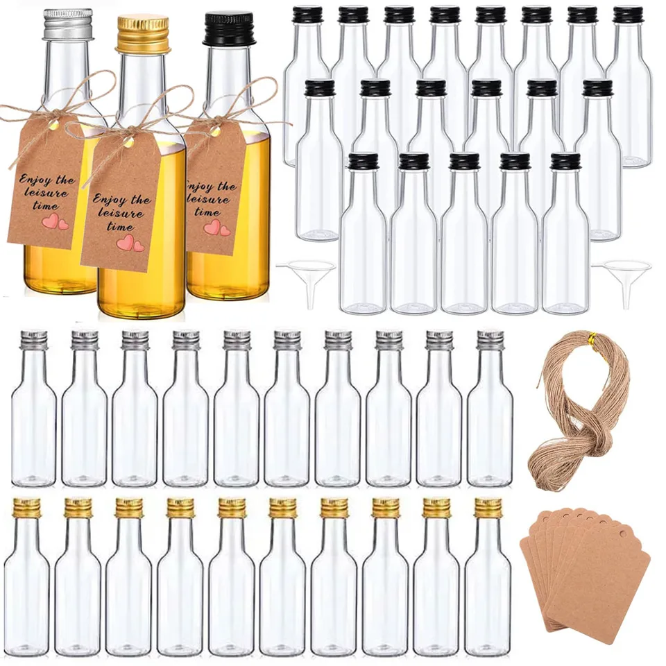 Mini bottiglie di liquore, confezione da 30 bottiglie ermetiche in plastica con tappo nero, 50 ml, vuote, con 10 imbuti, in miniatura per matrimoni e feste Mini bottiglie di liquore, confezione da 30 bottiglie ermetiche in plastica con tappo nero, 50 ml, vuote, con 10 imbuti, in miniatura per matrimoni e feste