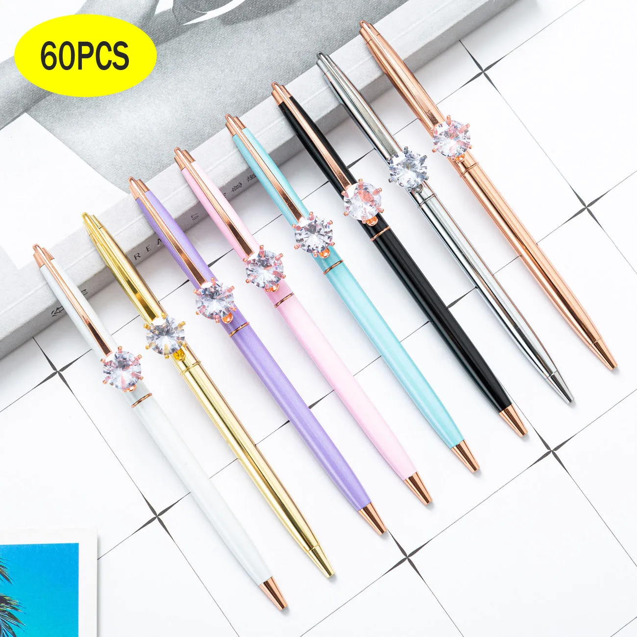 

60pcs Crystal Ballpoint Pens Metal Big Diamond Pen Creativity School Stationery Rotating Writing Tool Advertising Office