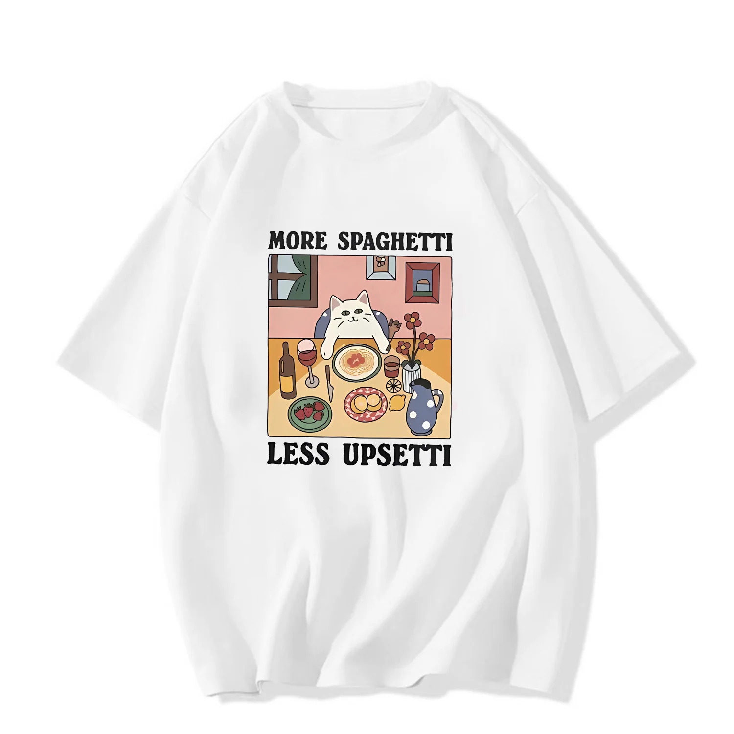 MORE SPAGHETTI LESS UPSETTI Printed T-shirt Cute Cat Again Eating Pattern Kawaii Top Italian Lover Short Sleeve Graphic Shirts 6