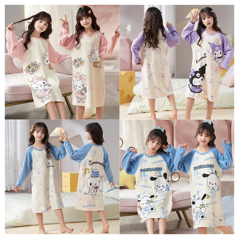 

Sanrios Cinnamoroll Kuromi Hellokittys милые пижамы с длинными рукавами для девочек кавайная Модная хлопковая Домашняя одежда с принтом детский подарок