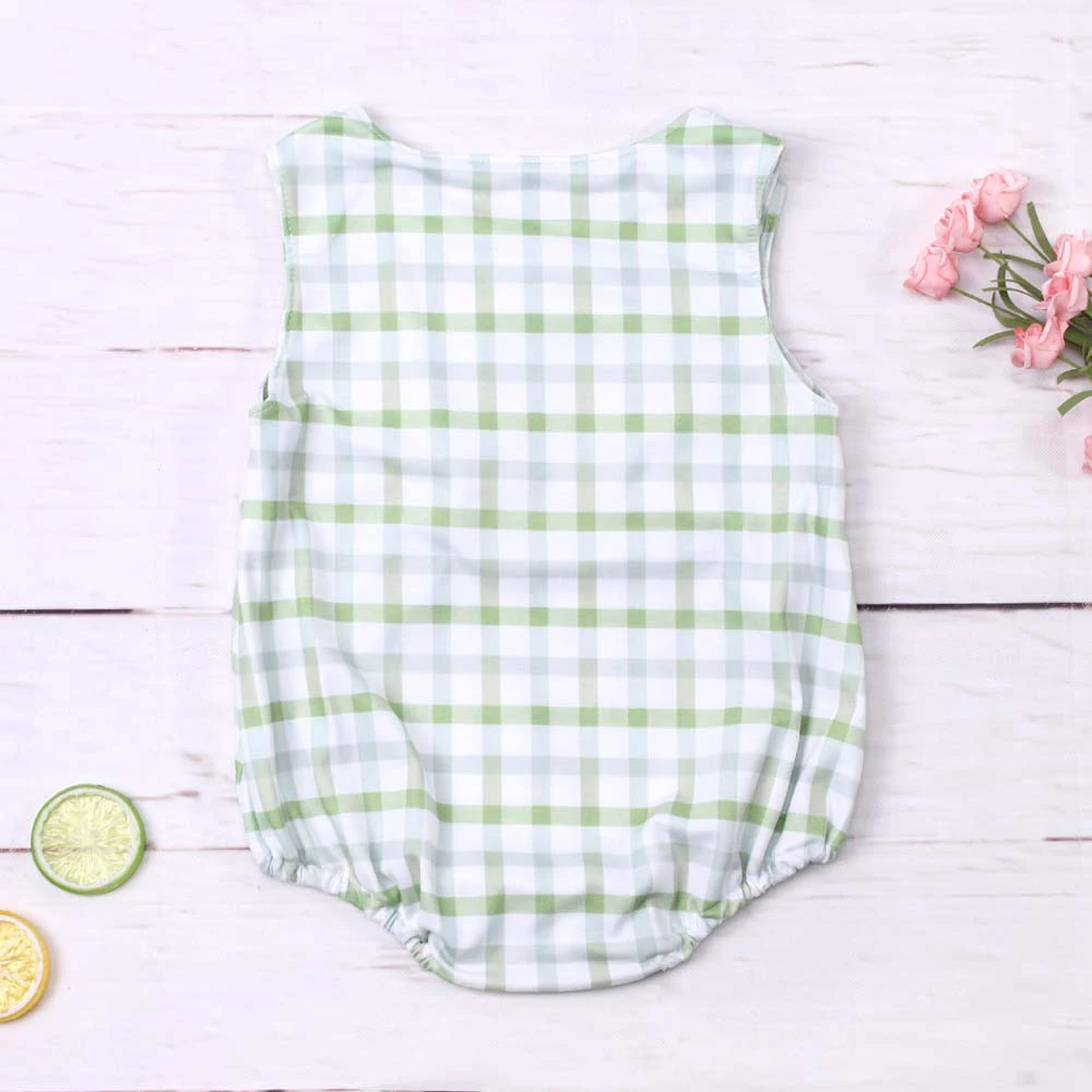 Fashion New Summer Sleeveless Baby Boy Jumpsuit I Love Mom Embroidery Button Decorate Bodysuit Green Lattice One-Piece Clothes