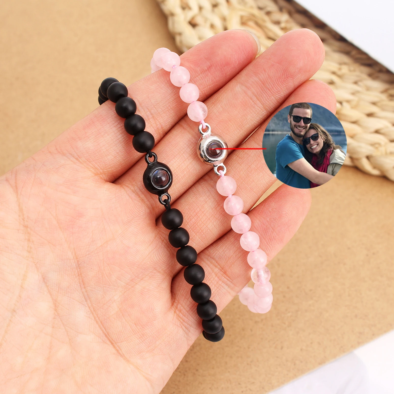 

Custom Photo Projection Jewelry 6mm Natural Tiger Eye Powder Zebra Stone Bracelet For Couple Gift