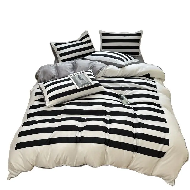 

Washed Silk Bedding Set Summer Digital Printing Home Linen Imitated Stain Duvet Cover Flat/Fit Sheet Black White Stripe Bedcloth