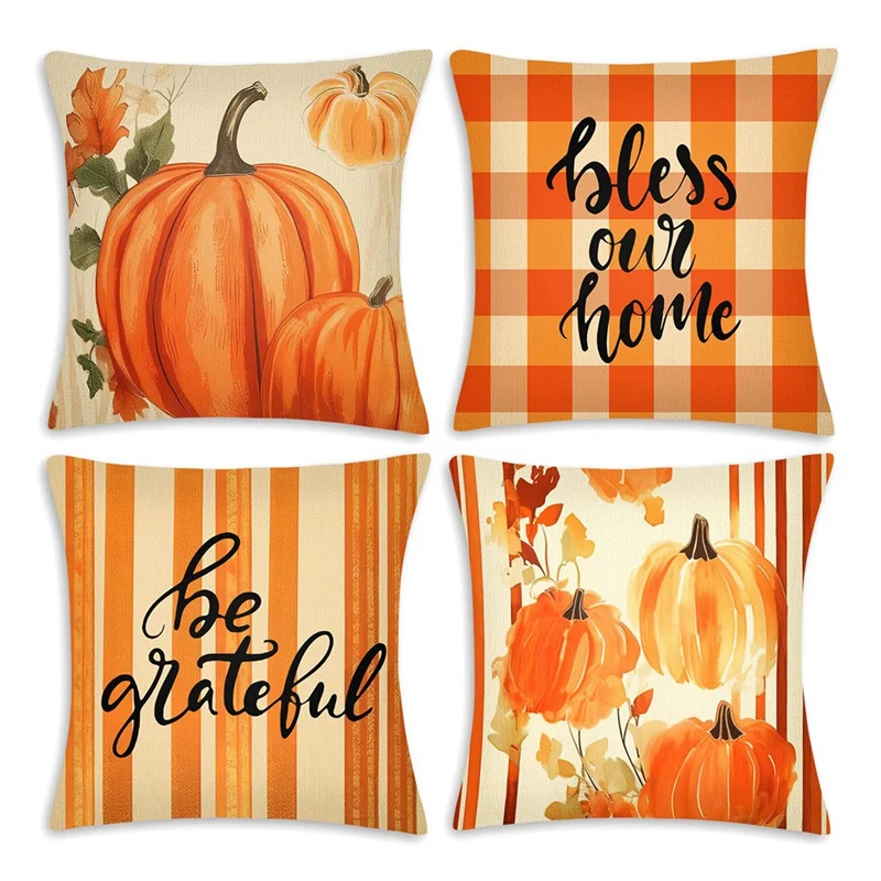 

Fall Decor Throw Pillow Covers Pumpkin Plaid Thanksgiving Pillowcase 18X18inch For Couch Sofa